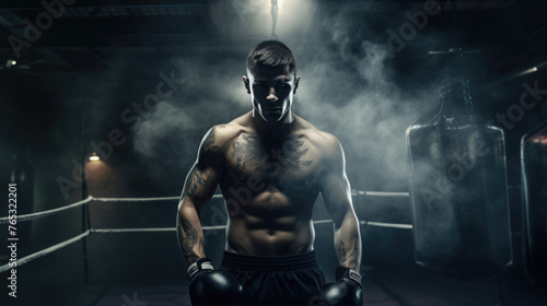 Sportsman muay thai boxer fighting in boxing cage, isolated on dark black background with light and smoke. Prepare to match. Copy Space. Sport concept.