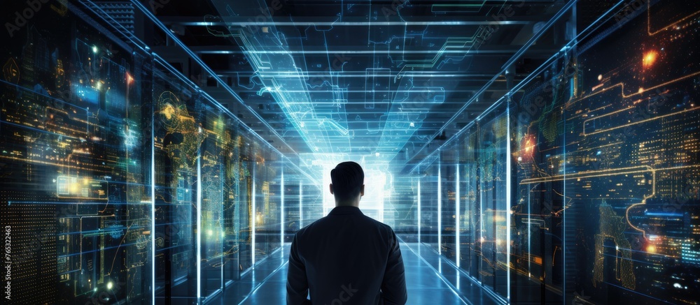 A man standing inside a server room, gazing out at a panoramic cityscape through a window. A man standing inside a server room, gazing out at a panoramic cityscape through a window.