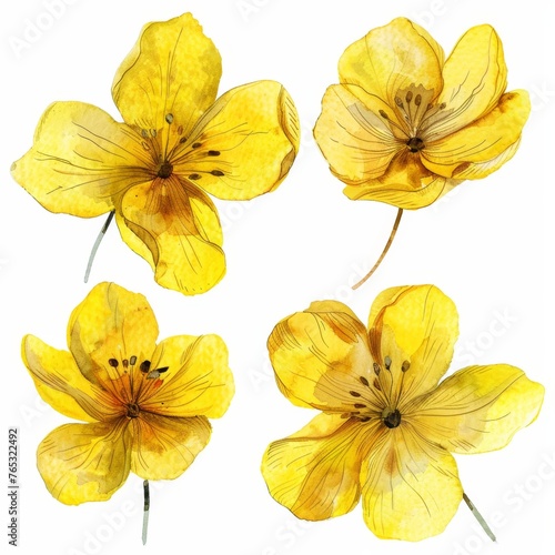 set of yellow flowers hand drawn with watercolors