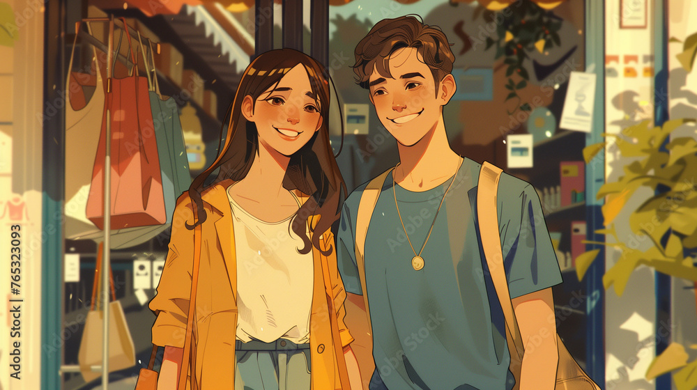 Young Couple Enjoying a Shopping Day in a Stylish District, Flat Illustration