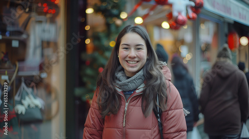 Cheerful Young Woman in Winter Jacket in Festive City