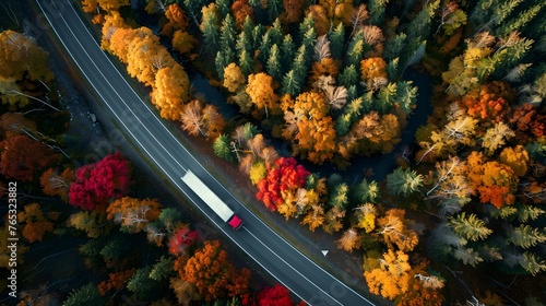 Aerial view of heavy truck on a narrow twisting road. Autumn colorful trees by the sides of the road.