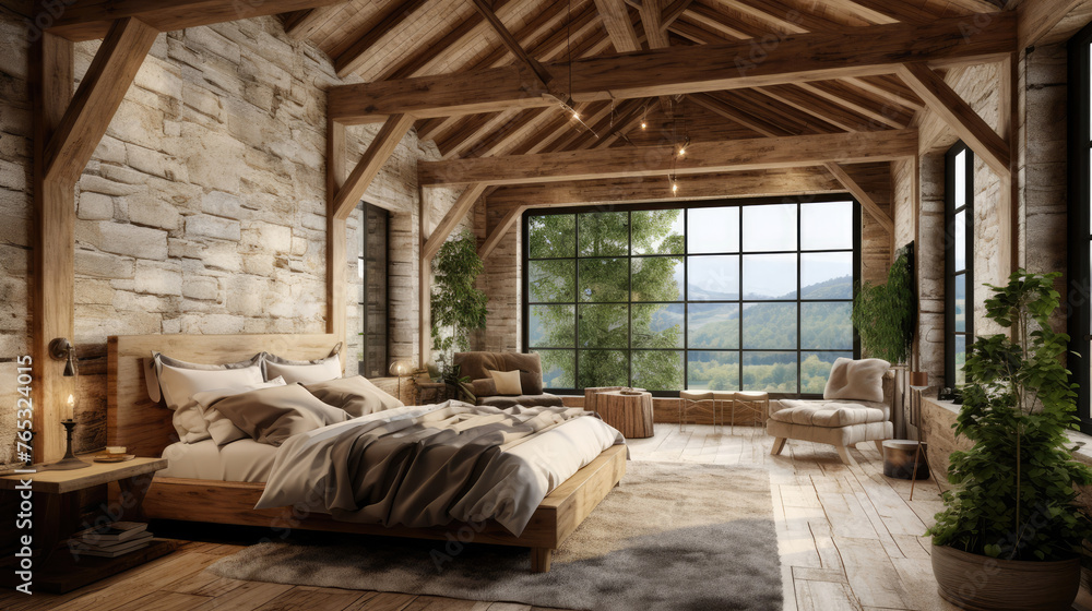 Ceiling with wooden beams and lining. Rustic interior design of modern bedroom with log columns in farmhouse. Generative AI Ceiling with wooden beams and lining. Rustic interior design of modern bedroom with log columns in farmhouse. Generative AI