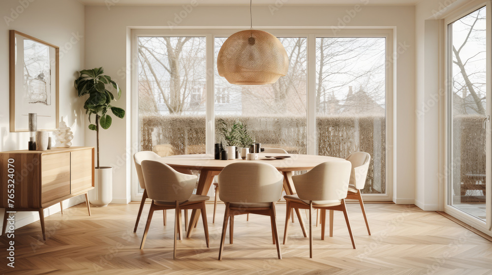 Fototapeta premium Chic interior design of modern scandinavian dining room with round wooden table. Generative AI
