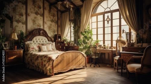 Retro  vintage interior design of bedroom. Generative AI