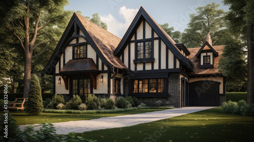 Tudor style family house exterior with gable roof and timber framing. Wooden garage doors in home cottage. Generative AI