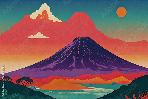 Risograph-style digital illustration. Landscape with volcano and mountain. Unique and artistic depiction.