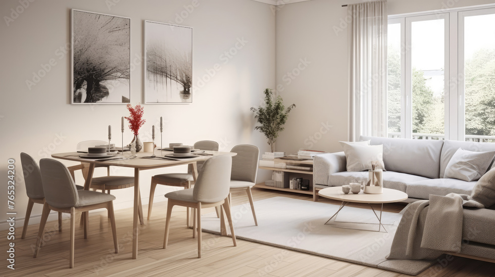 Scandinavian studio apartment. Interior design of modern living room with dining table and chairs. Generative AI Scandinavian studio apartment. Interior design of modern living room with dining table and chairs. Generative AI