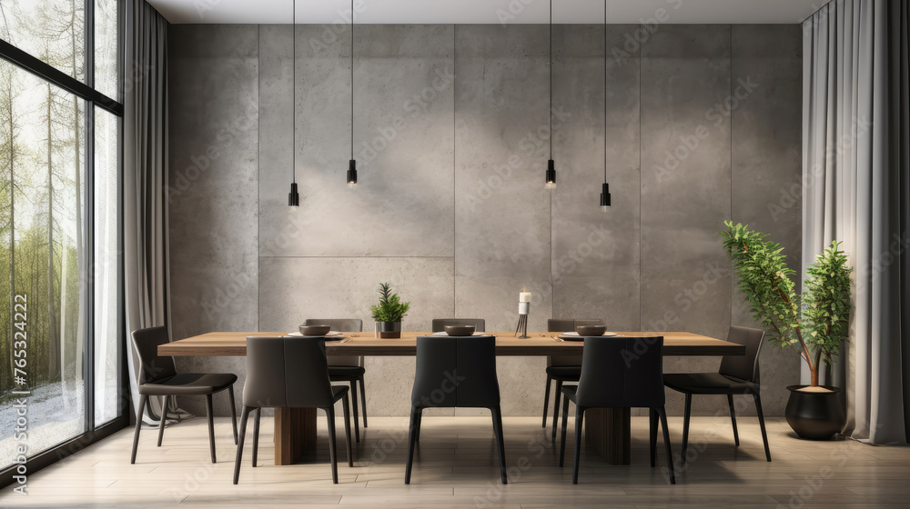 Interior design of modern dining room with concrete wall and window curtain. Generative AI Interior design of modern dining room with concrete wall and window curtain. Generative AI