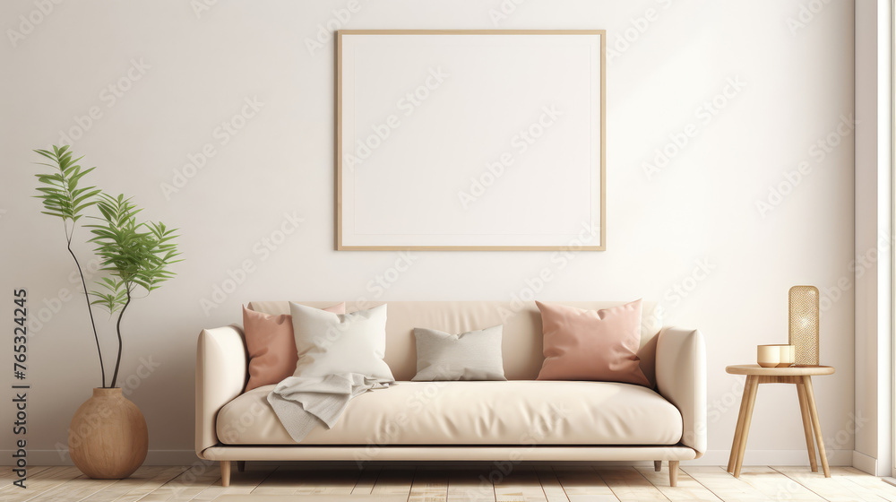 Beige sofa with terra cotta pillows against wall with empty mock up poster frame, Scandinavian home interior design of modern living room Generative AI - obrazy, fototapety, plakaty 