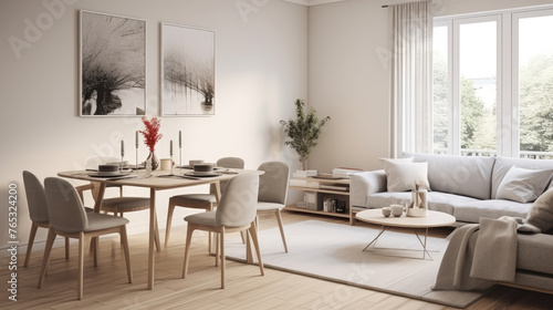 Scandinavian studio apartment. Interior design of modern living room with dining table and chairs. Generative AI