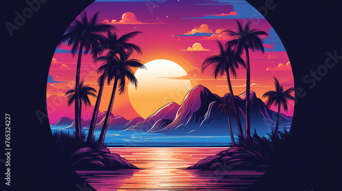 Tropical beach landscape with sea  sunset and palm trees. Abstract landscape. Tropical paradise island logo. Summer vacation concept circle icon. Generative AI