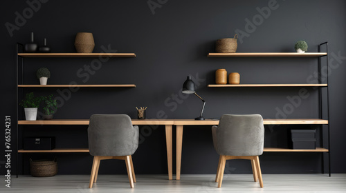 Workplace with wooden desk and two black chairs against of grey wall with shelving rack. Interior design of modern scandinavian home office. Generative AI