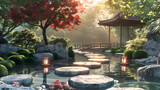 The Zen Sanctuary - A Tranquil Evening At A Japanese Garden Showcasing Flora, Lanterns And A Traditional Gazebo
