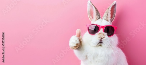 Easter bunny rabbit wearing sunglasses giving thumbs up on pastel background with copy space
