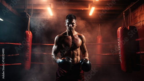 Sportsman muay thai boxer fighting in boxing cage, isolated on dark black background with light and smoke. Prepare to match. Copy Space. Sport concept. © ribelco