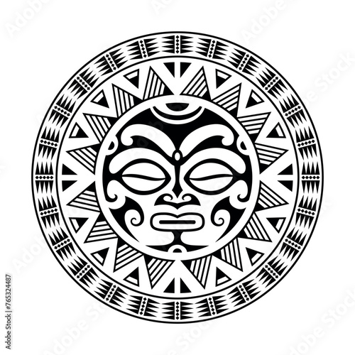Round tattoo ornament with sun face maori style. African, aztecs or mayan ethnic mask. Black and white.