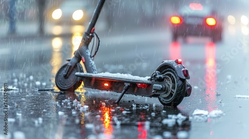 Detailed close up of shattered electric scooter on road, revealing aftermath of significant crash