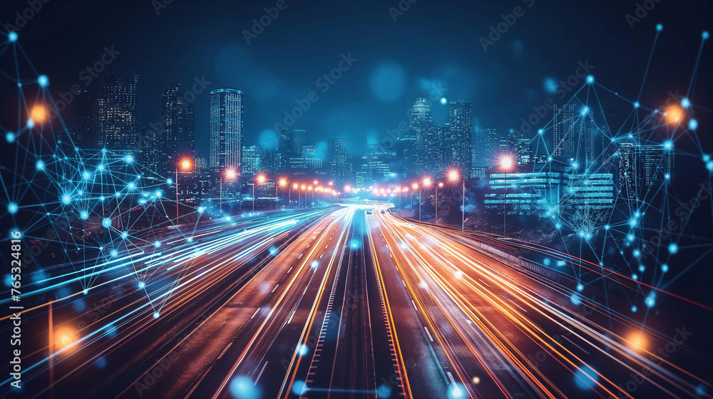 Smart city and abstract polygon pattern connection with speed line light, big data connection technology concept . Smart city and abstract polygon pattern connection with speed line light, big data connection technology concept .