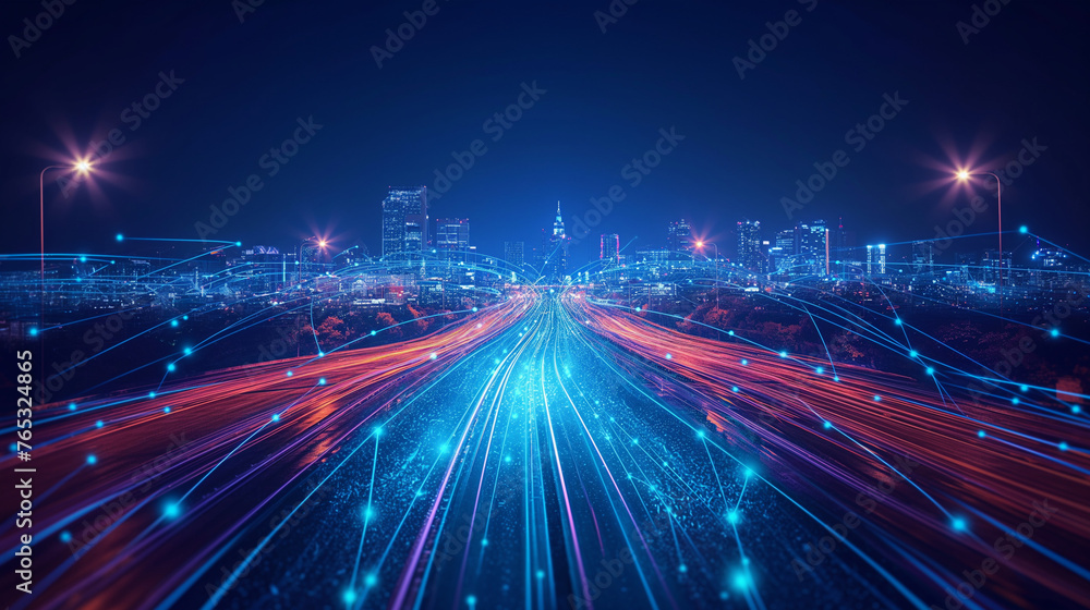Fototapeta premium Smart city and abstract polygon pattern connection with speed line light, big data connection technology concept .