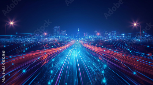 Smart city and abstract polygon pattern connection with speed line light, big data connection technology concept . 