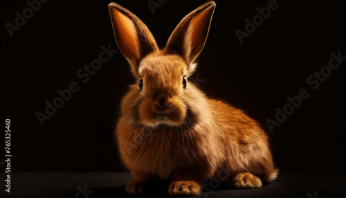 Cute ginger fluffy rabbit. Key lighting on a black background. Photorealistic low key illustration. Generative AI