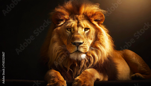 Cute ginger fluffy lion. Key lighting on a black background. Photorealistic low key illustration. Generative AI