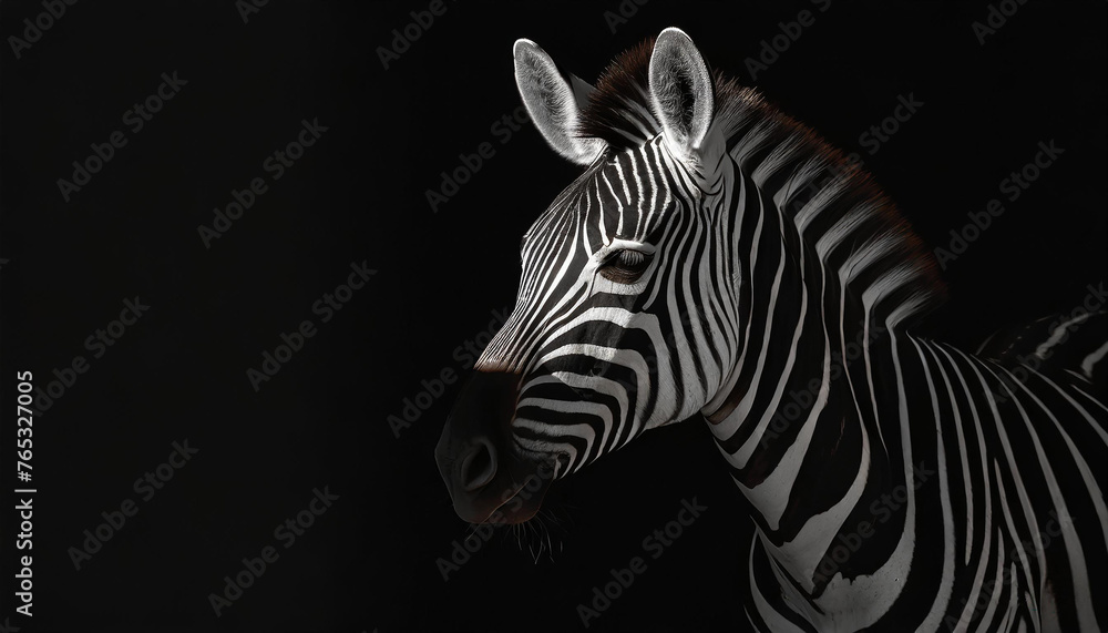 Cute zebra. Key lighting on a black background. Photorealistic low key illustration. Generative AI. Cute zebra. Key lighting on a black background. Photorealistic low key illustration. Generative AI.