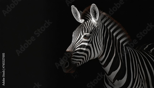 Cute zebra. Key lighting on a black background. Photorealistic low key illustration. Generative AI. © Hulinska Yevheniia