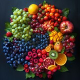 Design a mesmerizing image featuring various fruits arranged in a circular pattern, resembling a mystical portal opening up to an alternate dimension The top-down view should evoke a sense of wonder a