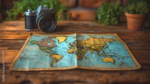 Paper world map unfolded on oak wooden oak table - world map - travel map 