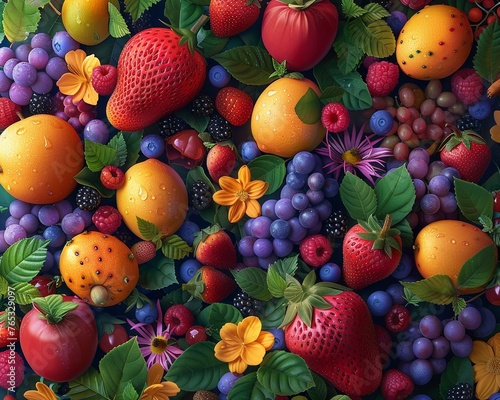 Illustrate a whimsical scene where a variety of fruits are scattered across a vibrant background, each fruit serving as a portal leading to a different secret world The overall design should be intrig © panyawatt