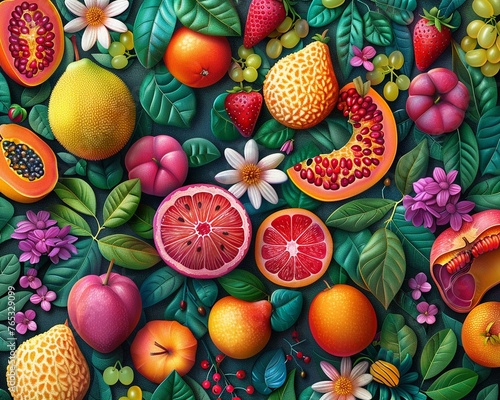 Illustrate a whimsical scene where a variety of fruits are scattered across a vibrant background, each fruit serving as a portal leading to a different secret world The overall design should be intrig