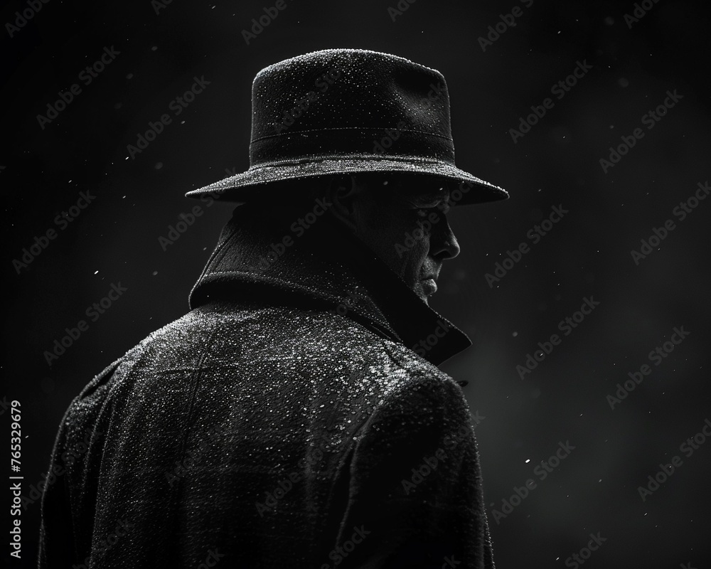 Design a compelling side view graphic for a detective novel cover, with a mysterious silhouette in a trench coat and fedora hat, lurking in the shadows Emphasize a sense of intrigue and suspense - obrazy, fototapety, plakaty 