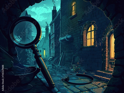Create a side view illustration for a detective-themed podcast cover, featuring a magnifying glass and Sherlock Holmes-inspired pipe against a backdrop of dimly lit alleys Capture the essence of myste photo