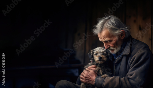 Poverty concept. An elderly gray-haired man is holding a small shaggy puppy in his arms. Call for help for homeless people and animals
