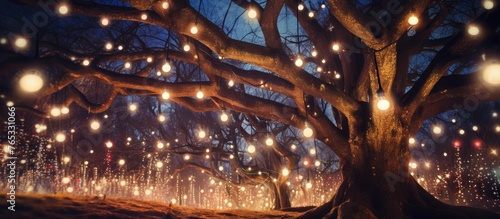 A tree illuminated with multiple hanging lights glowing in the darkness of the night photo