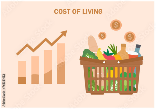 Grocery shopping basket with high graph. Cost of living, growth of grocery price, economic inflation vector illustration