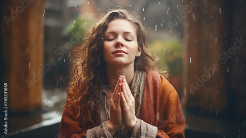 spiritual young woman praying outside in the rain