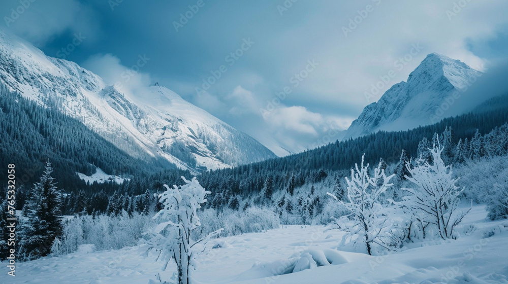 Fantastic Winter Epic Magical Landscape of Mountains. Frozen nature. Generative Ai