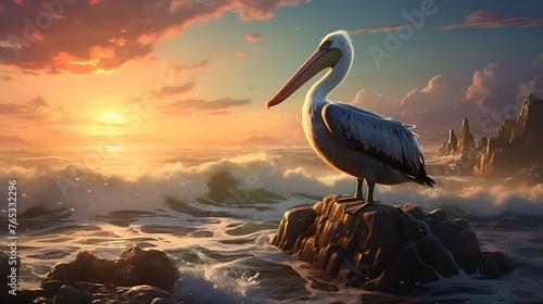 Graceful Pelican: Majestic Bird Perched on a Rocky Outcrop Amidst Flowing River Waters, Captivating Natural Beauty and Serenity photo