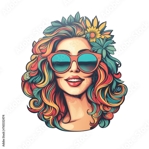 summer vibe woman vibrant floral hairstyle stickers illustration