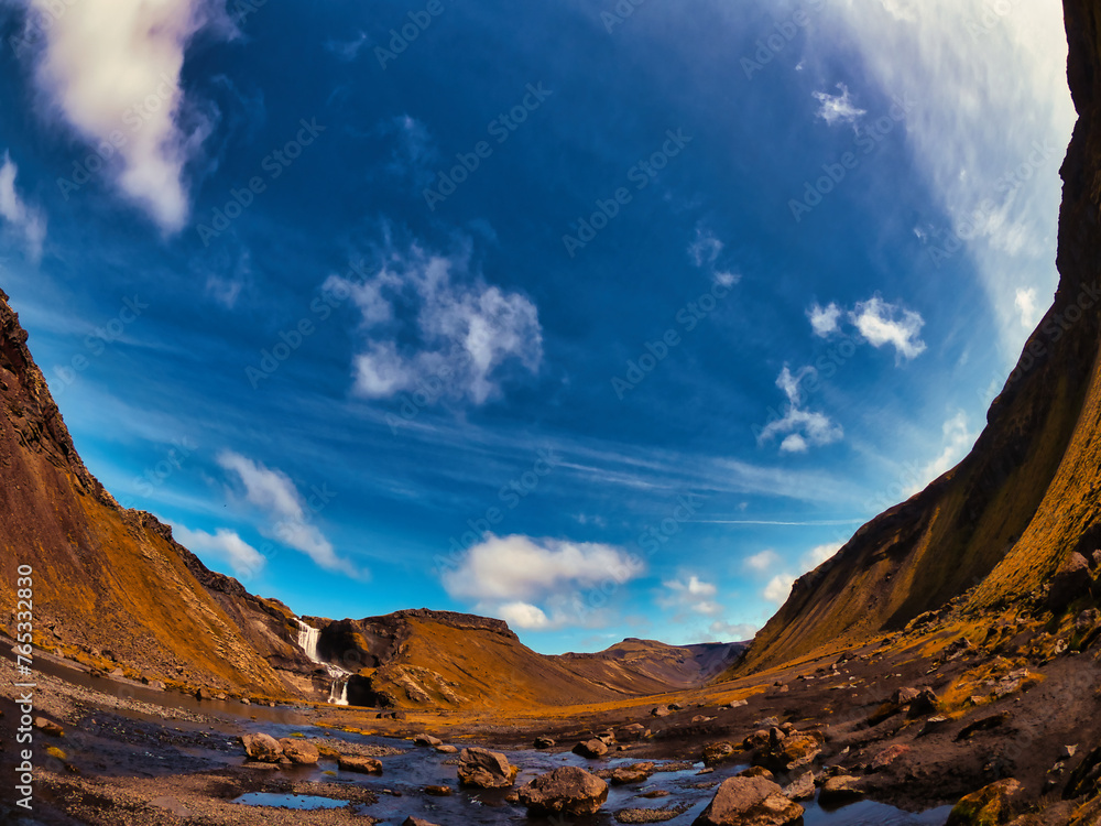 Iceland river valley fish-eye view