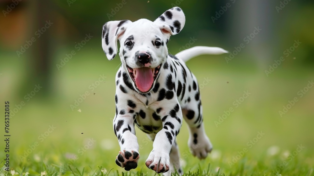 Adorable dalmatian puppy happily playing in a beautiful meadow, showcasing its charming spotted coat