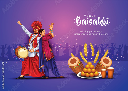 Happy Baisakhi festival of Punjab India background. people playing lohri dance. abstract vector illustration design. photo