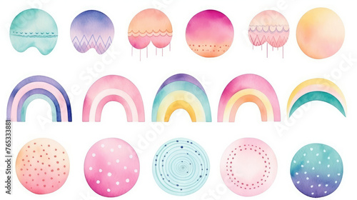 Collection set of decorative clip art cute watercolor hand draw rainbow, sun, cloud, star, weather in boho style. for nursery decoration, baby shower, party, poster, invitation, postcard, clothes. photo