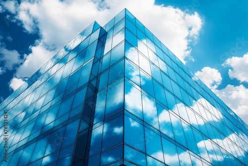 Business Photography of reflective skyscraper business office  low-angle photo  glass curtain wall  reflection of the blue sky and white clouds on windows
