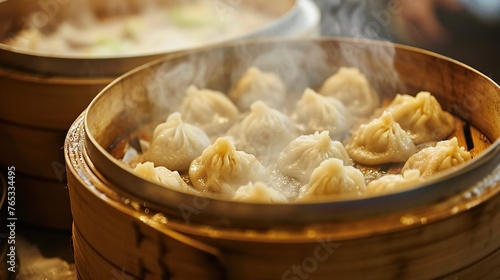 Hot and delicious steamed xialongbao served with Bamboo basket in asian chinese restaurant