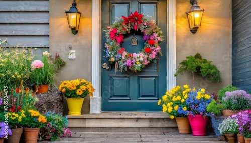 Home front door exterior with colorful potted flowers and wreath