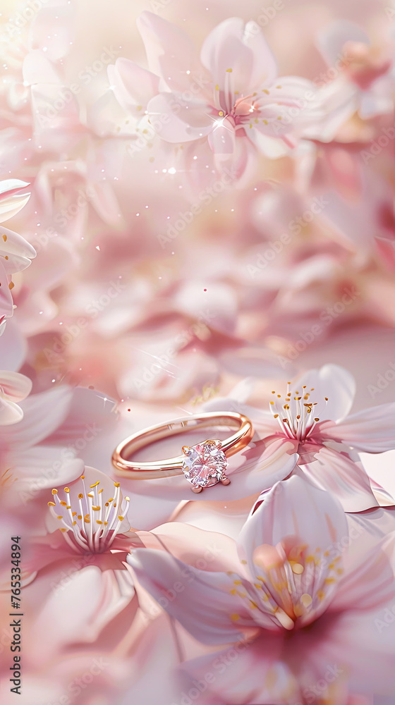 Engagement ring on a pastel floral background, spotlight on eternal love, symbolizing a heartfelt proposal Engagement ring on a pastel floral background, spotlight on eternal love, symbolizing a heartfelt proposal